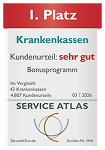 ServiceAtlas – Bonusprogramm, 1. Platz, Kundenurteil sehr gut (ServiceValue, 42 Krankenkassen)
