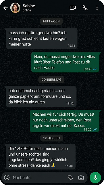 WhatsApp-Verlauf mit Sabine: Fragen zu Wegen und Papierkram, am Ende ist der Bonus für die Familie angekommen.