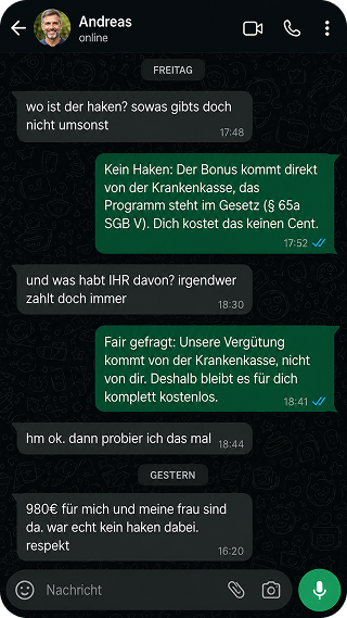 WhatsApp-Verlauf mit Andreas: Frage nach dem Haken und der Vergütung, am Ende ist der Bonus angekommen.